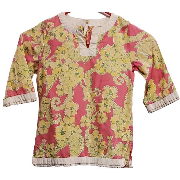 Lilly Pulitzer Girls  Pink Yellow Floral Seahorse Tunic Size 4 - Picture 1 of 7